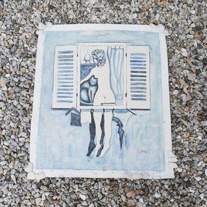 OIL PAINTING ON CANVAS  CUBISM  SIGNED / DATED  UN-FRAMED  SKY BLUE & WHITE BASE